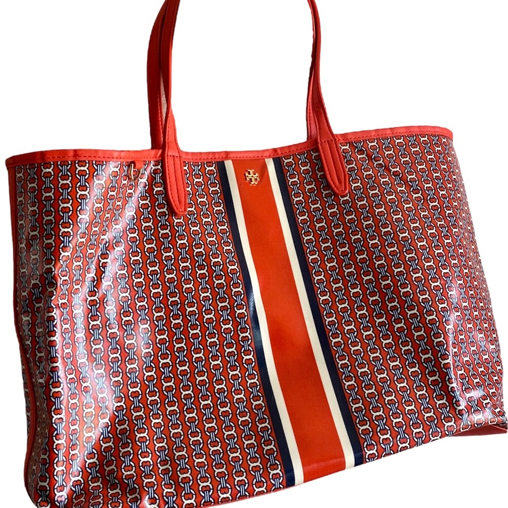 Tory Burch red Gemini link coated canvas and leather bag